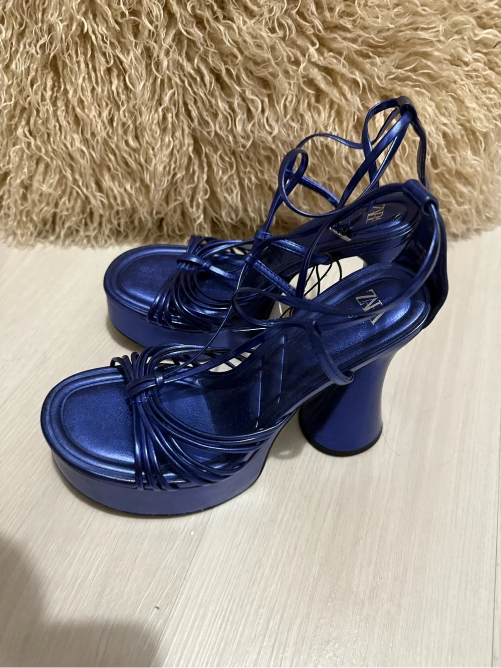 Zara Blue Metallic Platform Lace-Up Heels